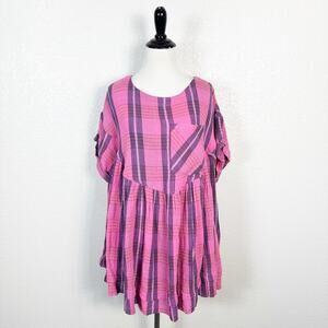 Free People Women’s We The Free Moon City Oversized Boho Plaid Top Pink Small